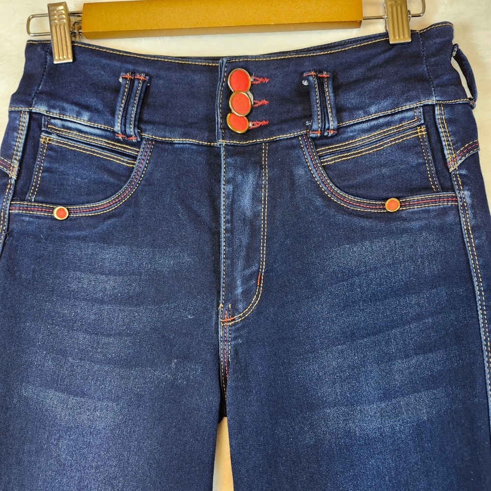 Bon Bon Up Womens High Rise Skinny Jeans Dark Wash Red Button Accents Indigo - Picture 6 of 14